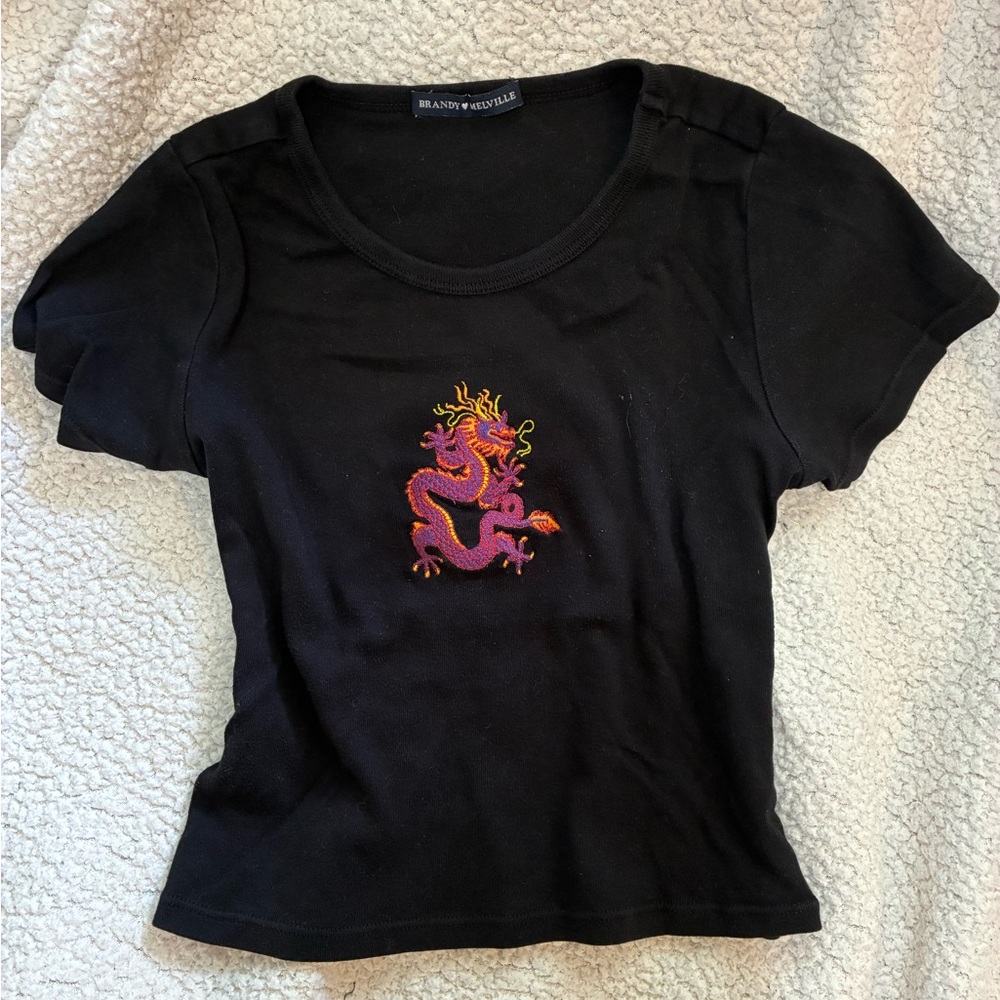 Brandy Melville Black Crop Tee with Pink Dragon Graphic